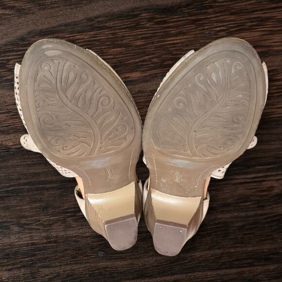 Women's Earth Intrepid Sz 7.5B Tan Leather Ankle Peep Toe Sandal Heels Shoes - Picture 5 of 11